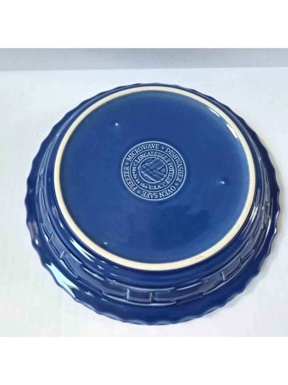Longaberger Woven Traditions Cornflower Blue Pottery Pie Plate Dish USA Made